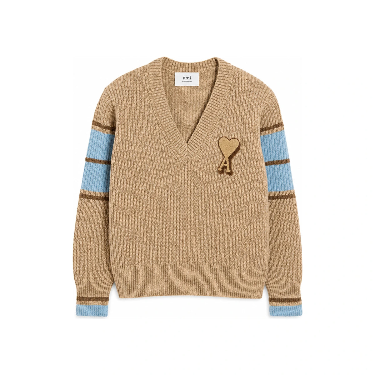 AMI Camel Wool V-Neck College Sweater for Men