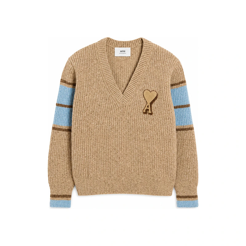 AMI Camel Wool V-Neck College Sweater for Men