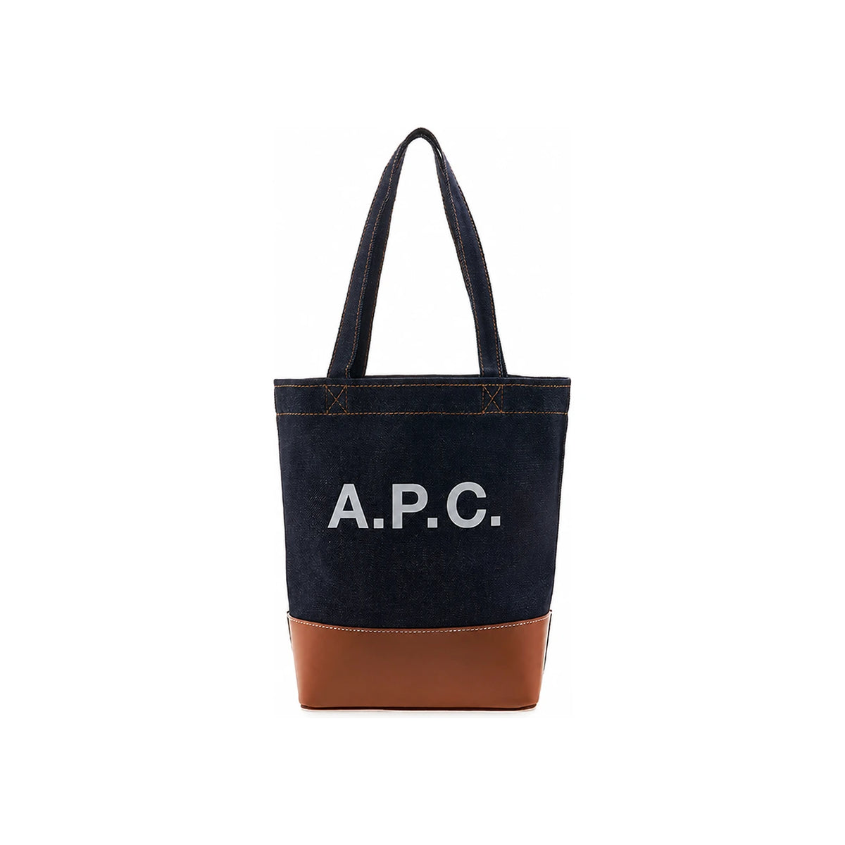 A.P.C. Axel Small Logo Denim Shopper Tote Bag Navy Caramel