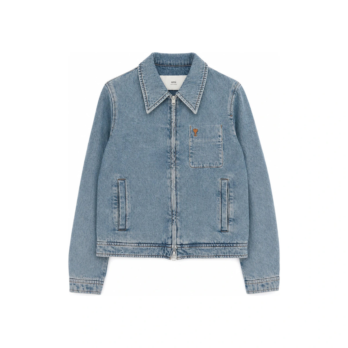 AMI Small Heart Logo Denim Zip Jacket for Men HJK835 DE0046 480