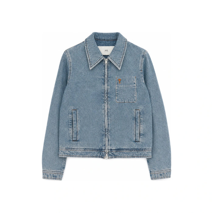 AMI Small Heart Logo Denim Zip Jacket for Men HJK835 DE0046 480