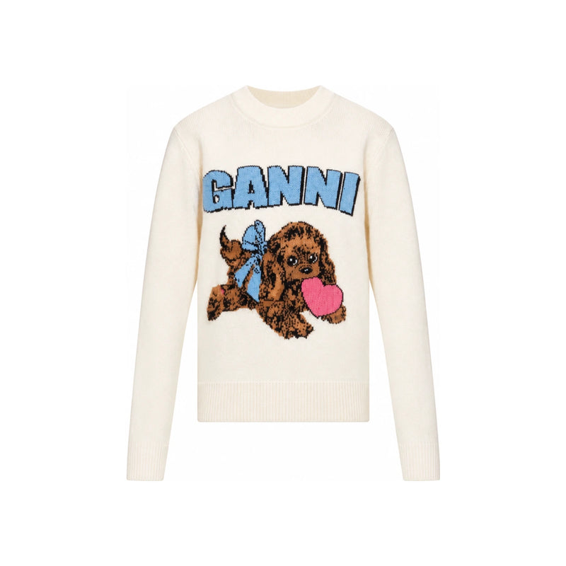 GANNI Fluffy Puppy Logo Wool Blend Crewneck Sweater