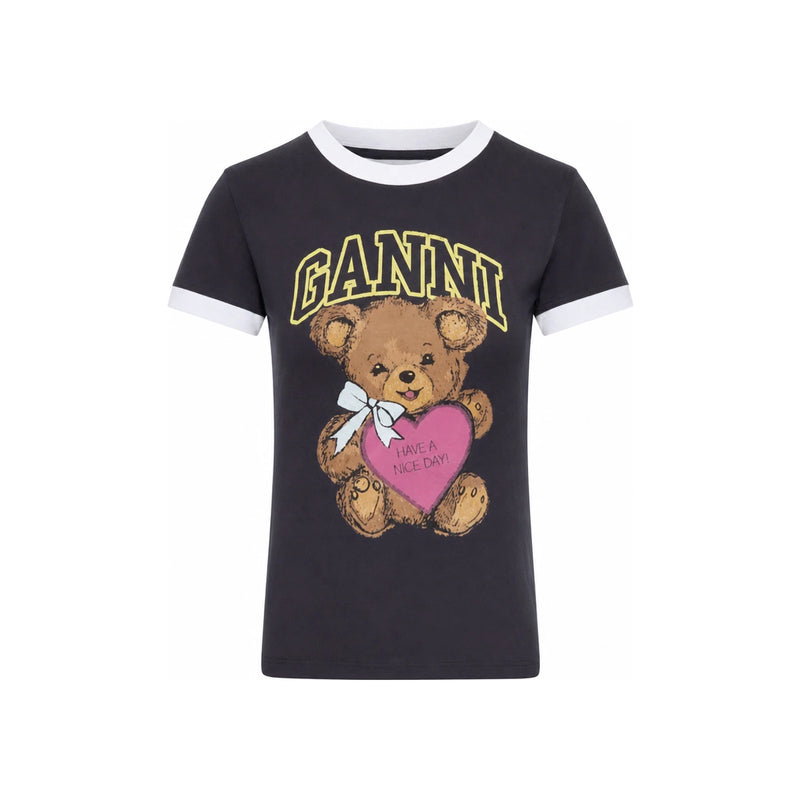 GANNI Teddy Logo Contrast Ringer Short Sleeve T-Shirt T4335 252