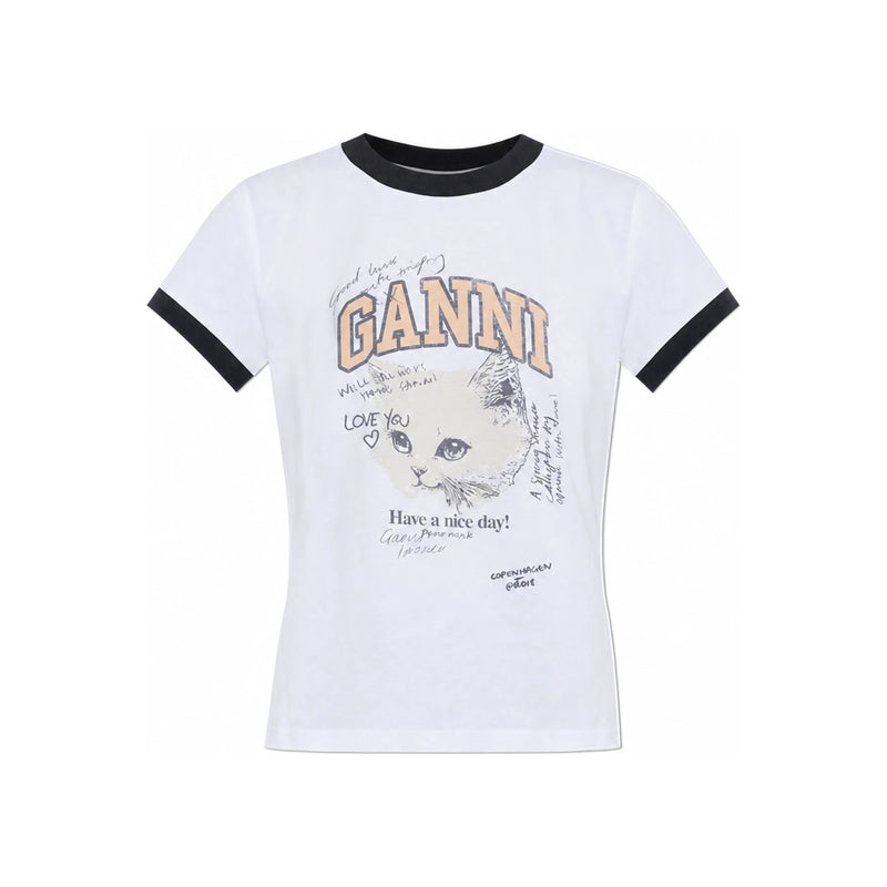 GANNI Crop Kitty Short Sleeve T-Shirt T4336 151