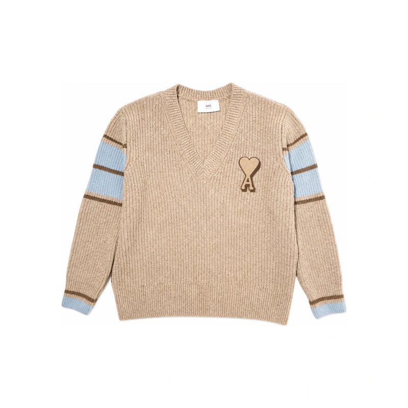 AMI Heart Logo Wool V-Neck College Sweater
