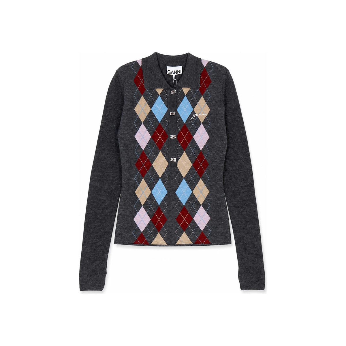 GANNI Argyle Jacquard Polo Knit Sweater for Women