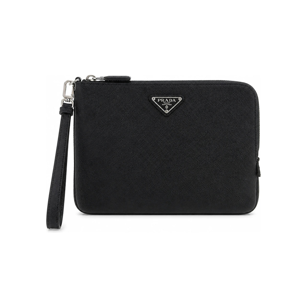 PRADA Black Saffiano Leather Triangle Logo Clutch Bag 2NH024 PN9 F0002