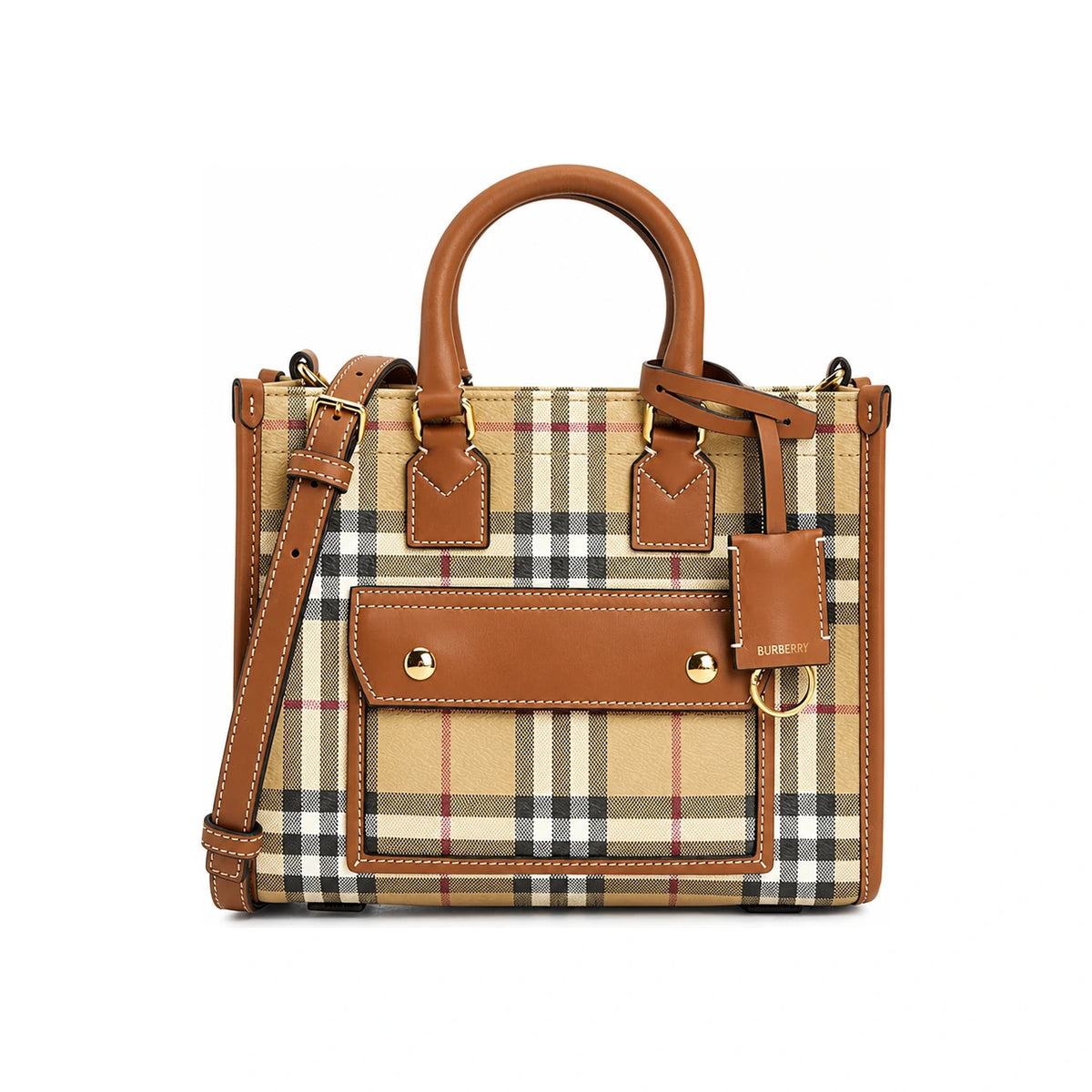 BURBERRY Mini Freya Vintage Check Tote Crossbody Bag Briar Brown 8109793