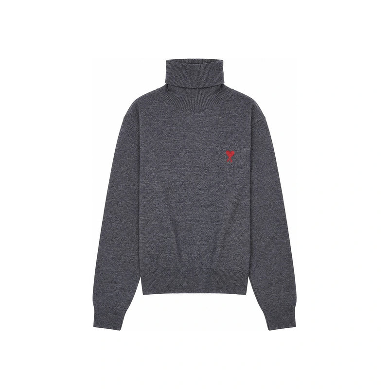 AMI Heart Logo Wool Turtleneck Sweater Gray