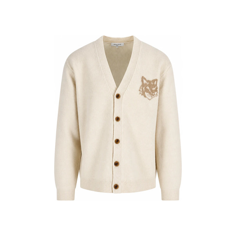 Maison Kitsune Fox Head Intarsia Wool Cardigan Men Gray PM00509 KM0329 0395