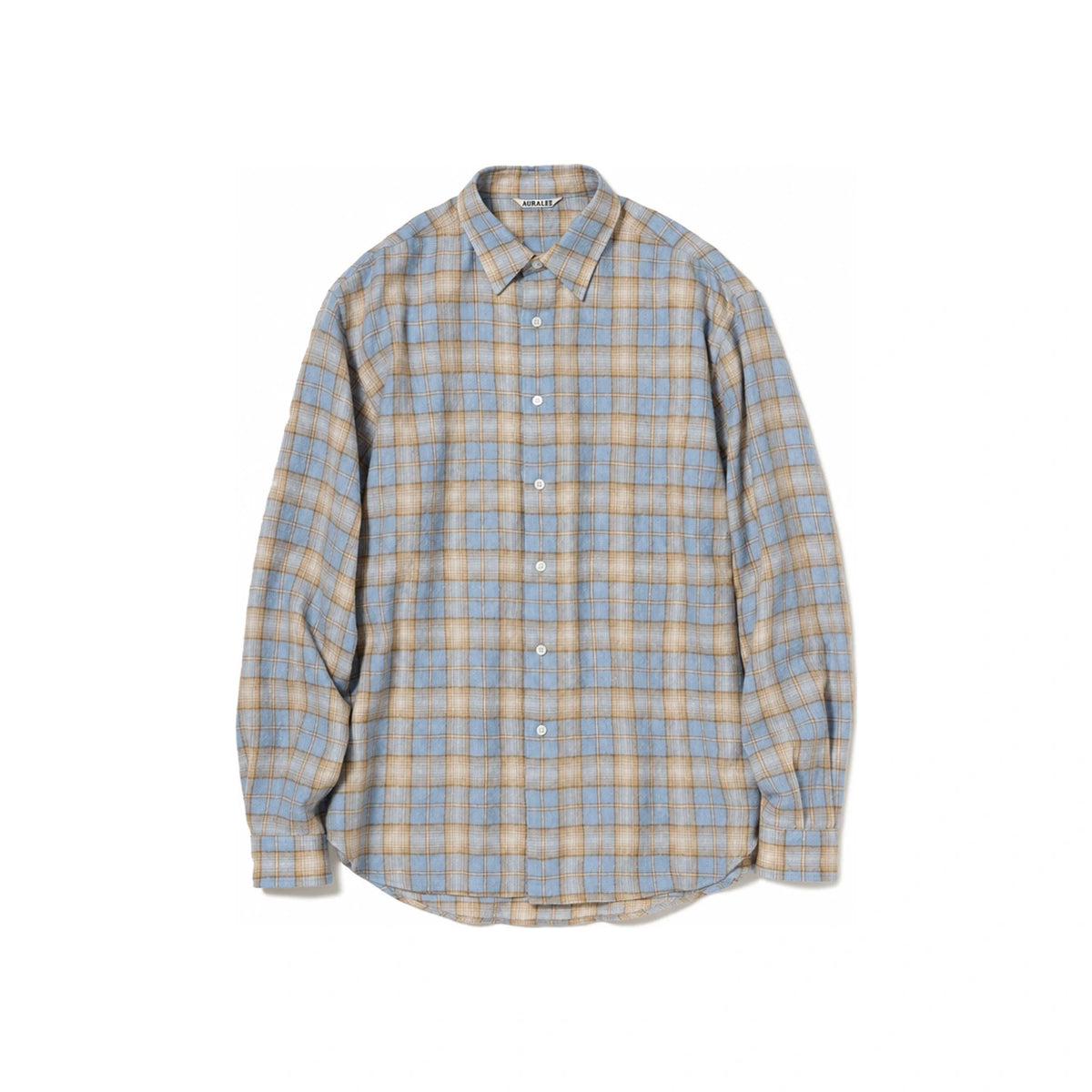 AURALEE Airy Wool Light Blue Beige Check Long Sleeve Shirt for Men A25AS01WN