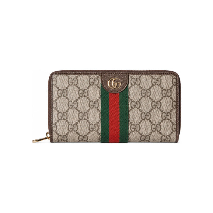 GUCCI Ophidia Zip-Around Card Holder Beige GG Canvas Leather Trim