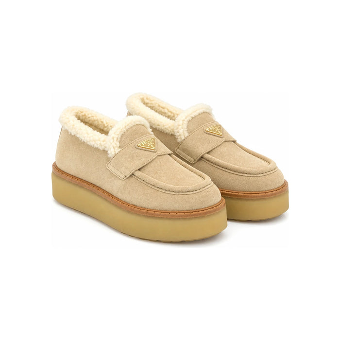 PRADA Triangle Logo Suede Shearling Loafers Desert Beige 1D717N JFT F0F24