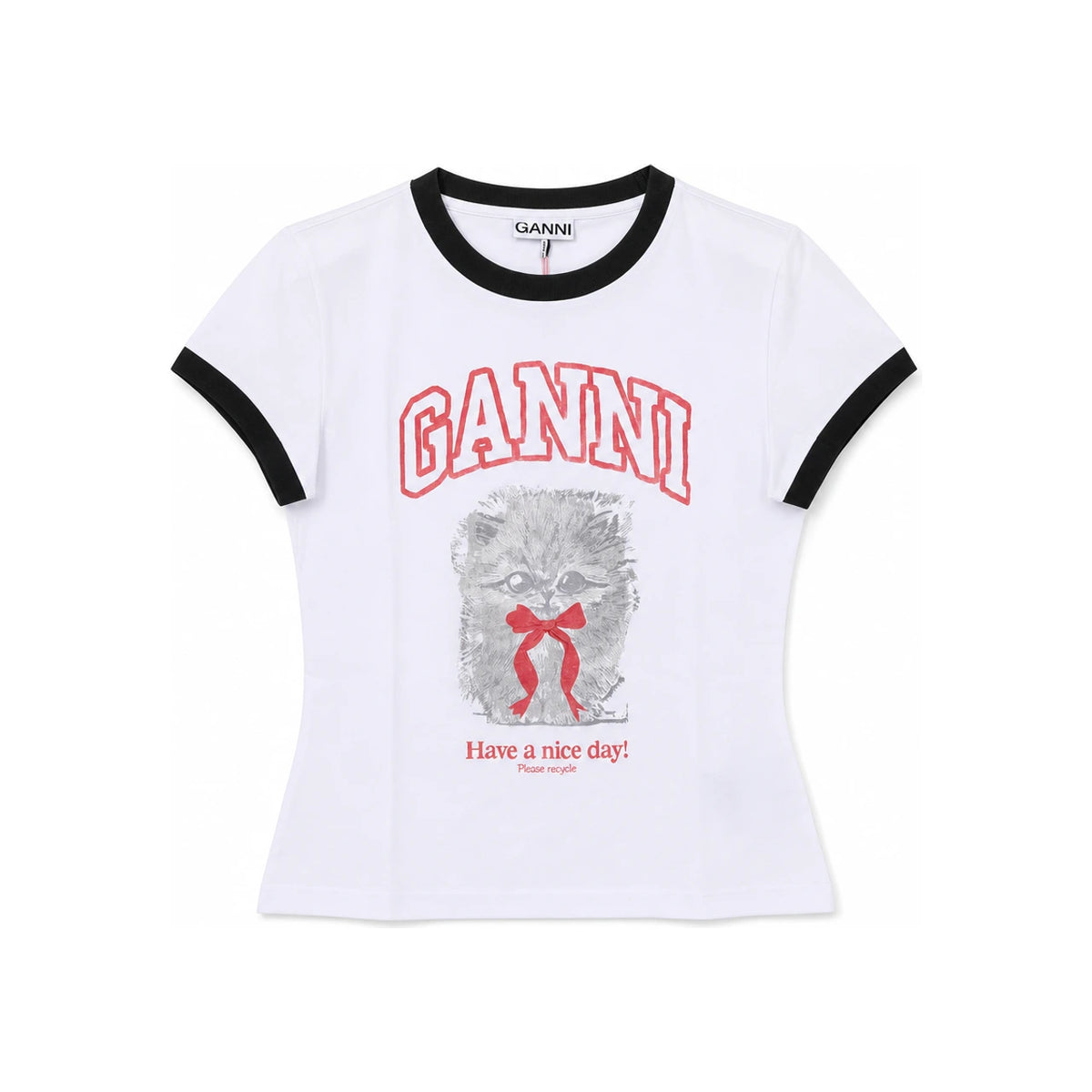 GANNI White Crop Kitty Short Sleeve Women's T-Shirt A1050030 151