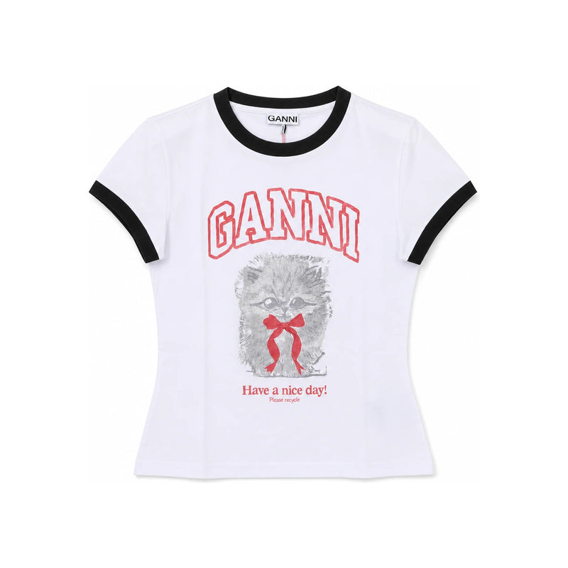GANNI White Crop Kitty Short Sleeve Women's T-Shirt A1050030 151