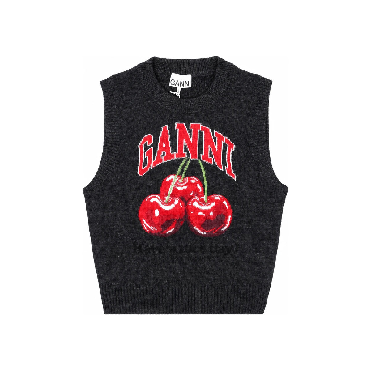 GANNI Cherry Logo Wool Blend Knit Vest Women’s Round Neck A1070264 252