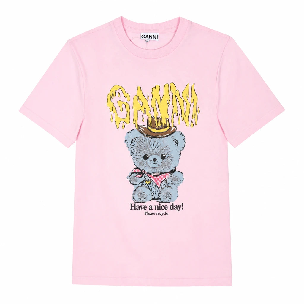 GANNI Pink Teddy Bear Print Short Sleeve Basic Women's T-Shirt A1050074 868