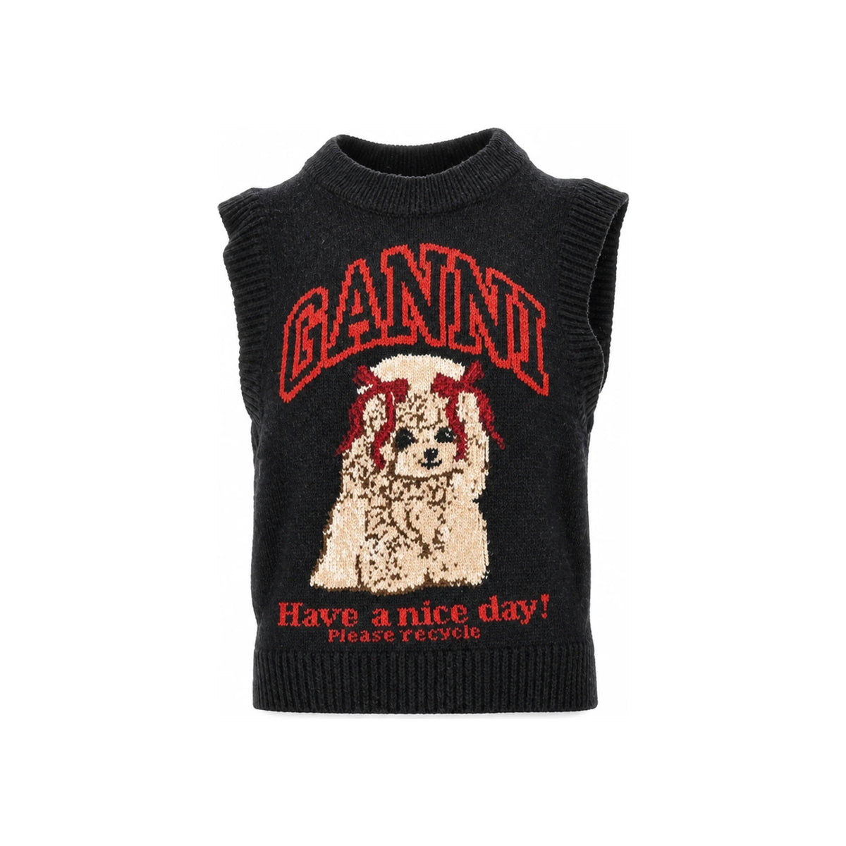 GANNI Poodle Graphic Wool Knit Black Sand Vest A1070044 052