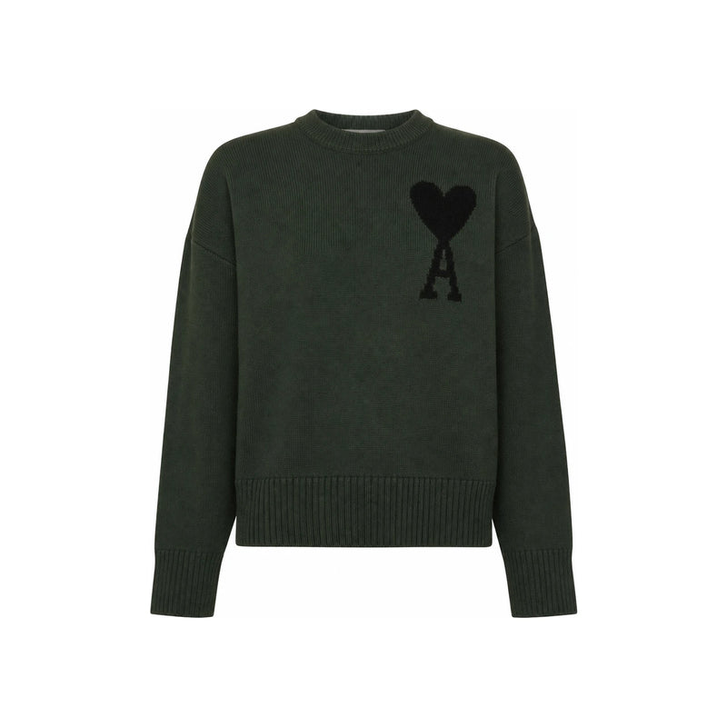 AMI Big Heart Logo Oversized Intarsia Sweater Knit Dark Green Black SPUKS002018
