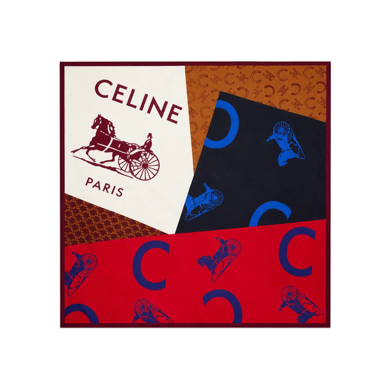 CELINE Square Silk Twill Scarf Tan Red Blue 2AW902Q32 GGN8