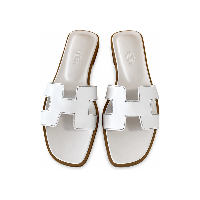 HERMES Oran White Leather Slide Sandals for Women