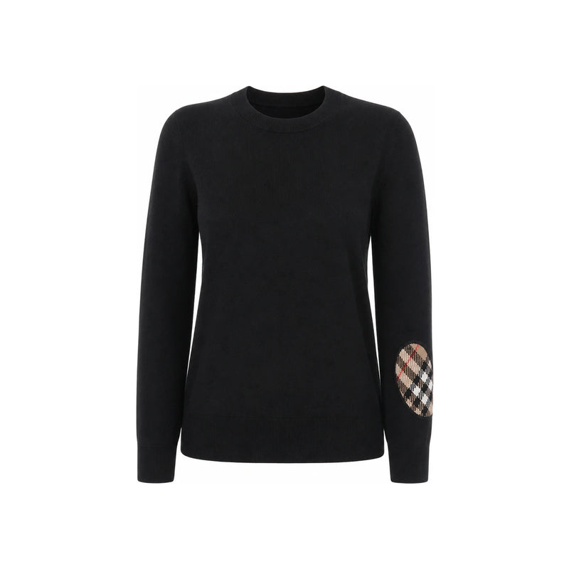BURBERRY Black Wool Check Elbow Patch Crewneck Sweater Unisex