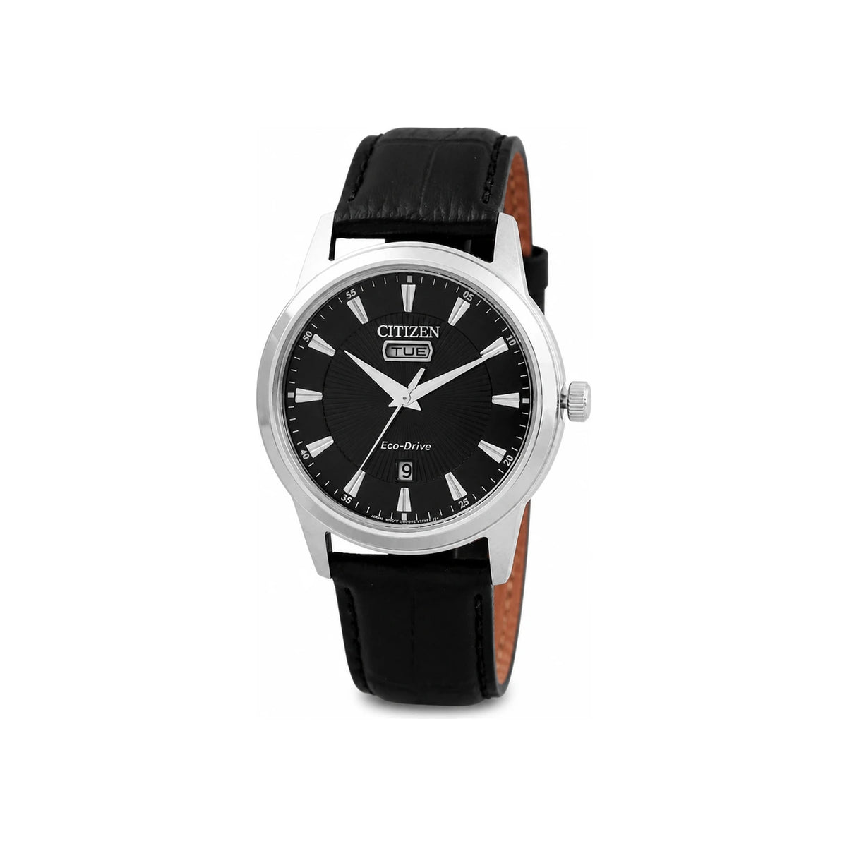 CITIZEN Eco-Drive Modern Simple Analog Day-Date Men’s Leather Watch AW0100 27E