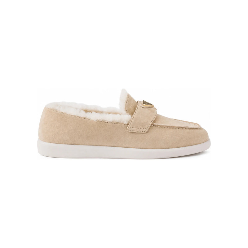 PRADA Beige Suede Triangle Logo Mule Loafers