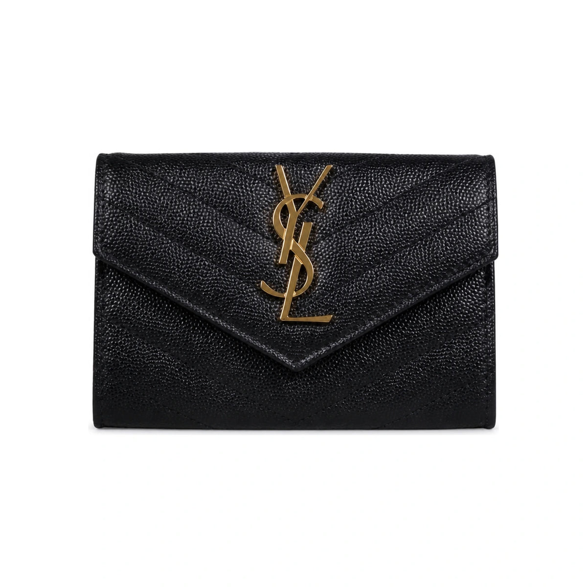 Saint Laurent Black Leather Compact Wallet with Gold Logo Card Holder
