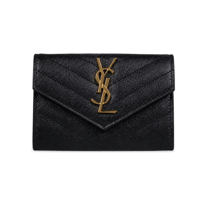 Saint Laurent Black Leather Compact Wallet with Gold Logo Card Holder