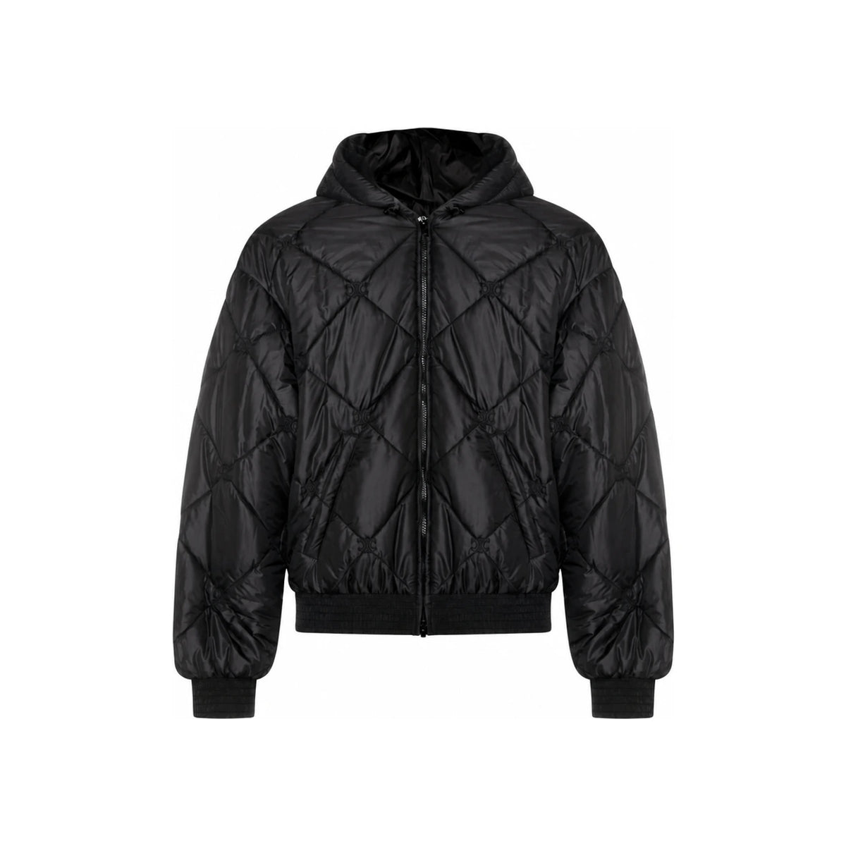 CELINE Black Quilted Hooded Bomber Jacket with Triomphe Embroider RV14B1474 38NO
