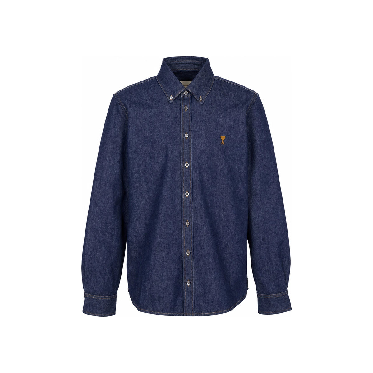 AMI Heart Logo Light Denim Button-Down Long Sleeve Shirt USH786 DE0123 402