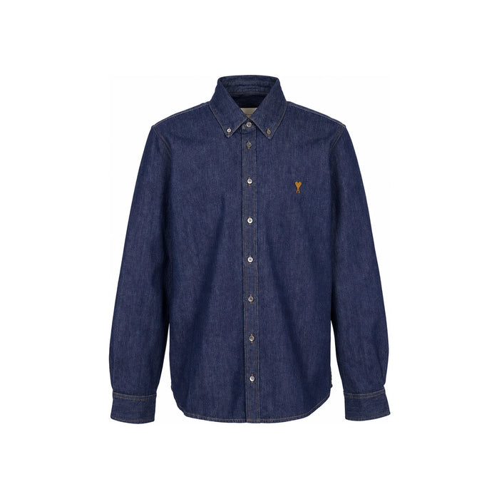 AMI Heart Logo Light Denim Button-Down Long Sleeve Shirt USH786 DE0123 402