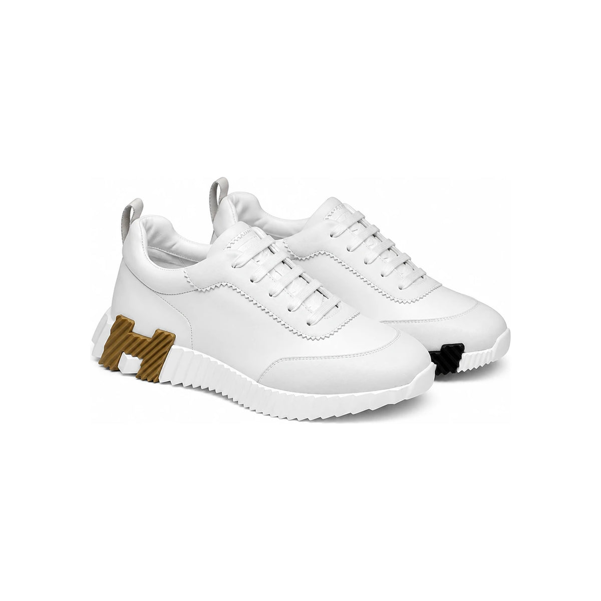 HERMES White Leather Two-Tone Brown Black H Logo Low-Top Sneakers