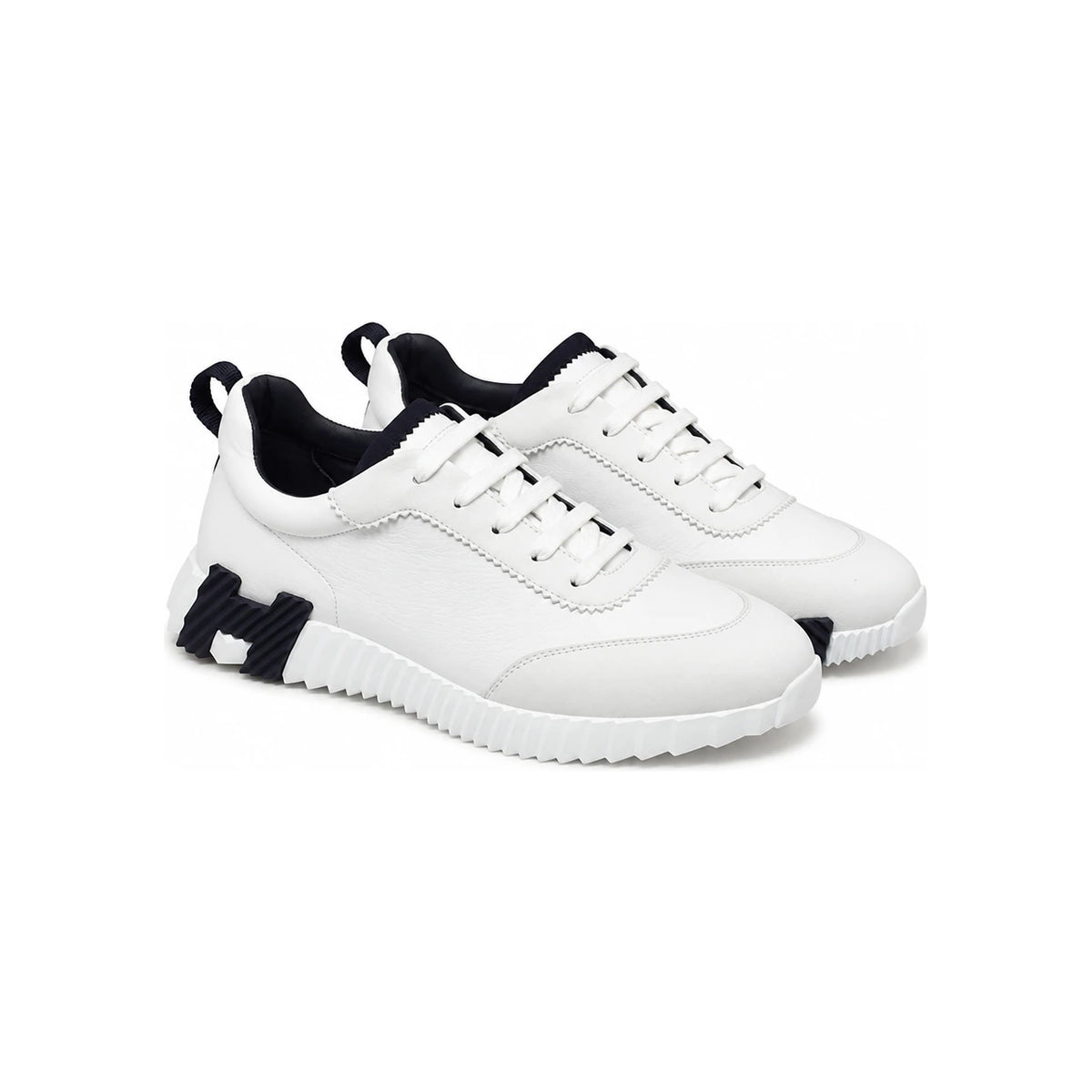 HERMES Men’s Bouncing Goatskin White Leather Sneakers Navy H Logo