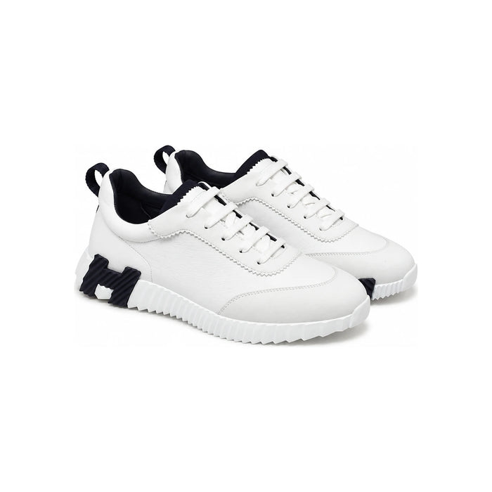 HERMES Men’s Bouncing Goatskin White Leather Sneakers Navy H Logo