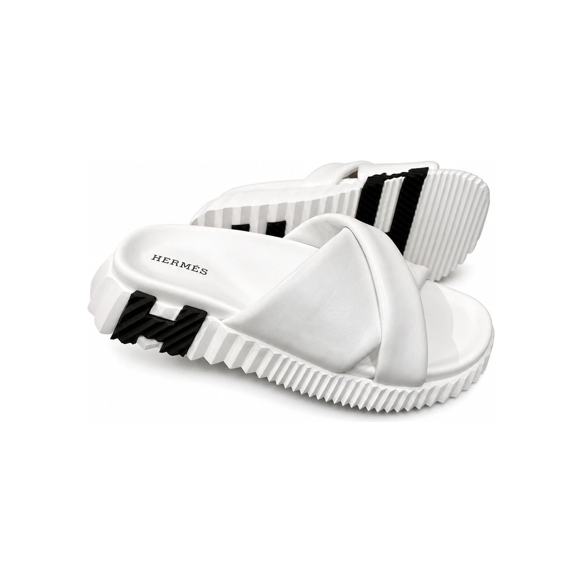 HERMES Infra Calfskin White H Black Sandals