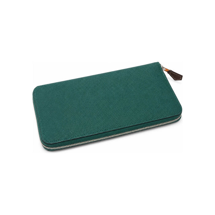 HERMES Green Epsom Calfskin Silk Detail Zip Long Wallet