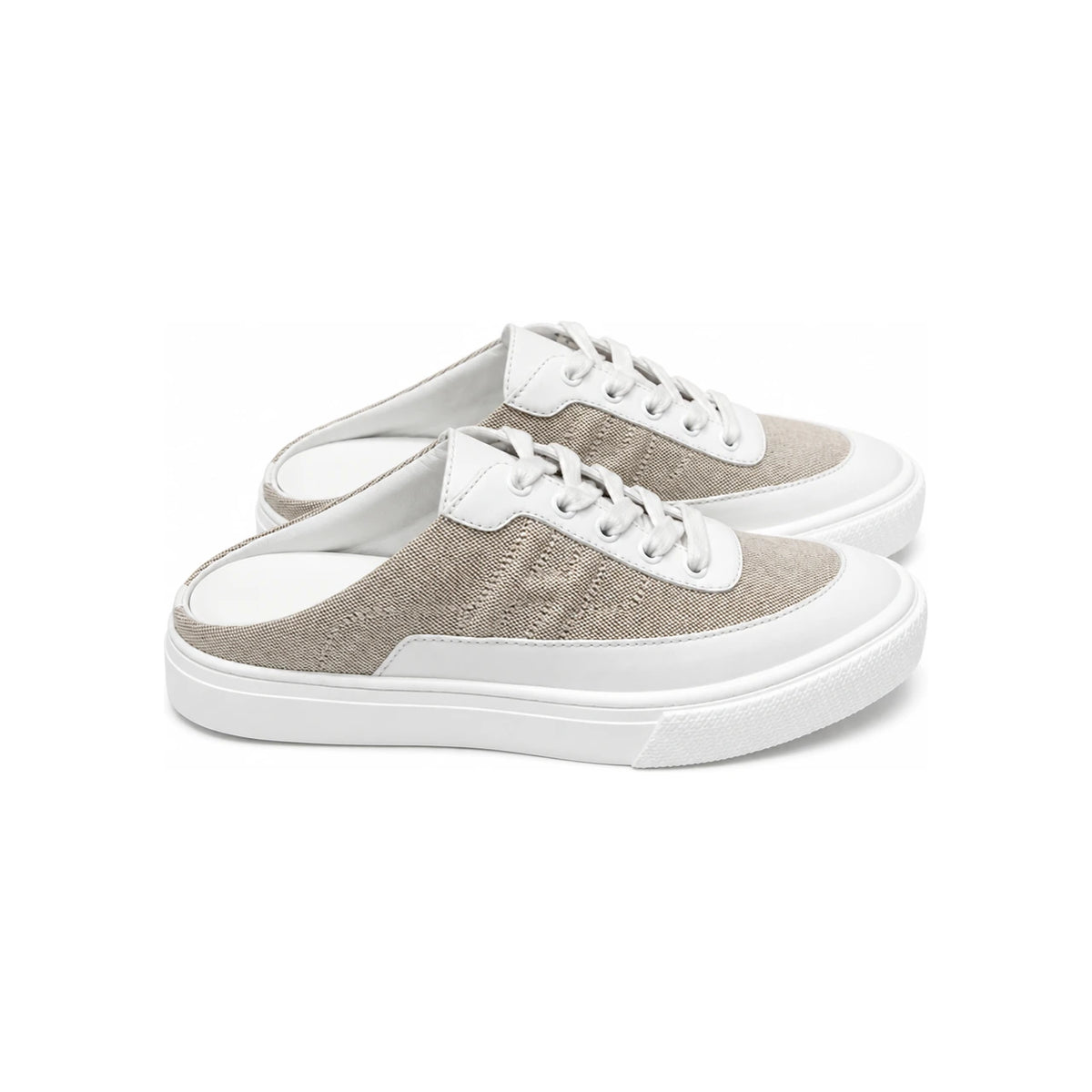 HERMES Women’s Calfskin Canvas Mule Keep Sneakers White Beige