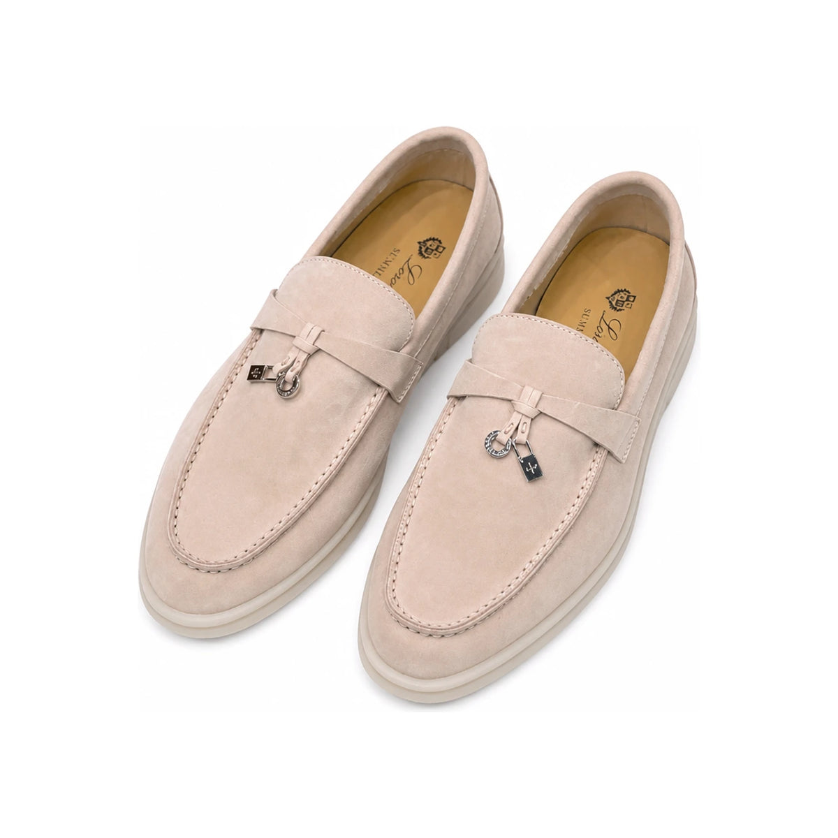 Loro Piana Suede Summer Charms Walk Loafers Pink Beige Silver-Tone