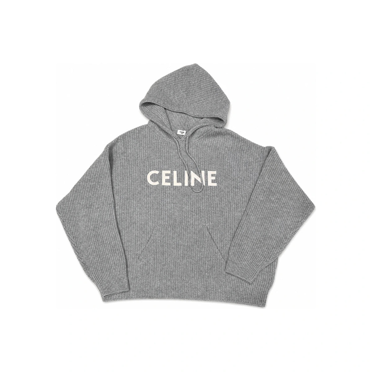 CELINE Ribbed Wool Hooded Knit Sweater Gray