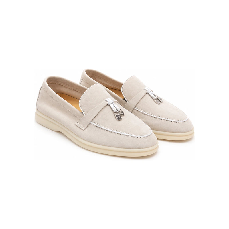 Loro Piana Suede Summer Charms Walk Loafers Beige White Charm