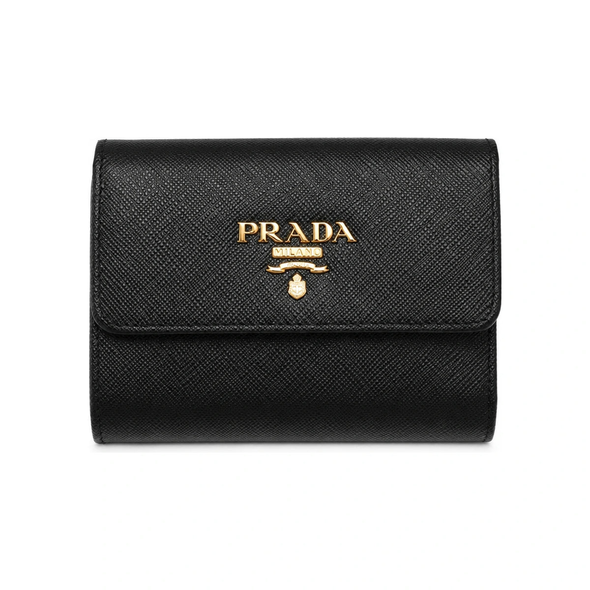 PRADA Saffiano Leather Black Coin Bifold Wallet Gold Logo