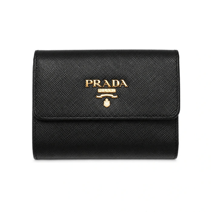 PRADA Saffiano Leather Black Coin Bifold Wallet Gold Logo
