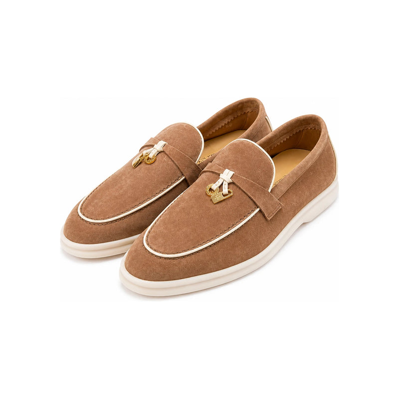 Loro Piana Suede Summer Charms Walk Loafers Brown Gold Charm