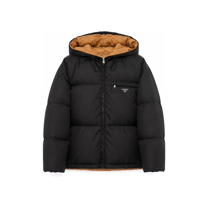 PRADA Re-Nylon Hooded Puffer Jacket Women Black Triangle Logo
