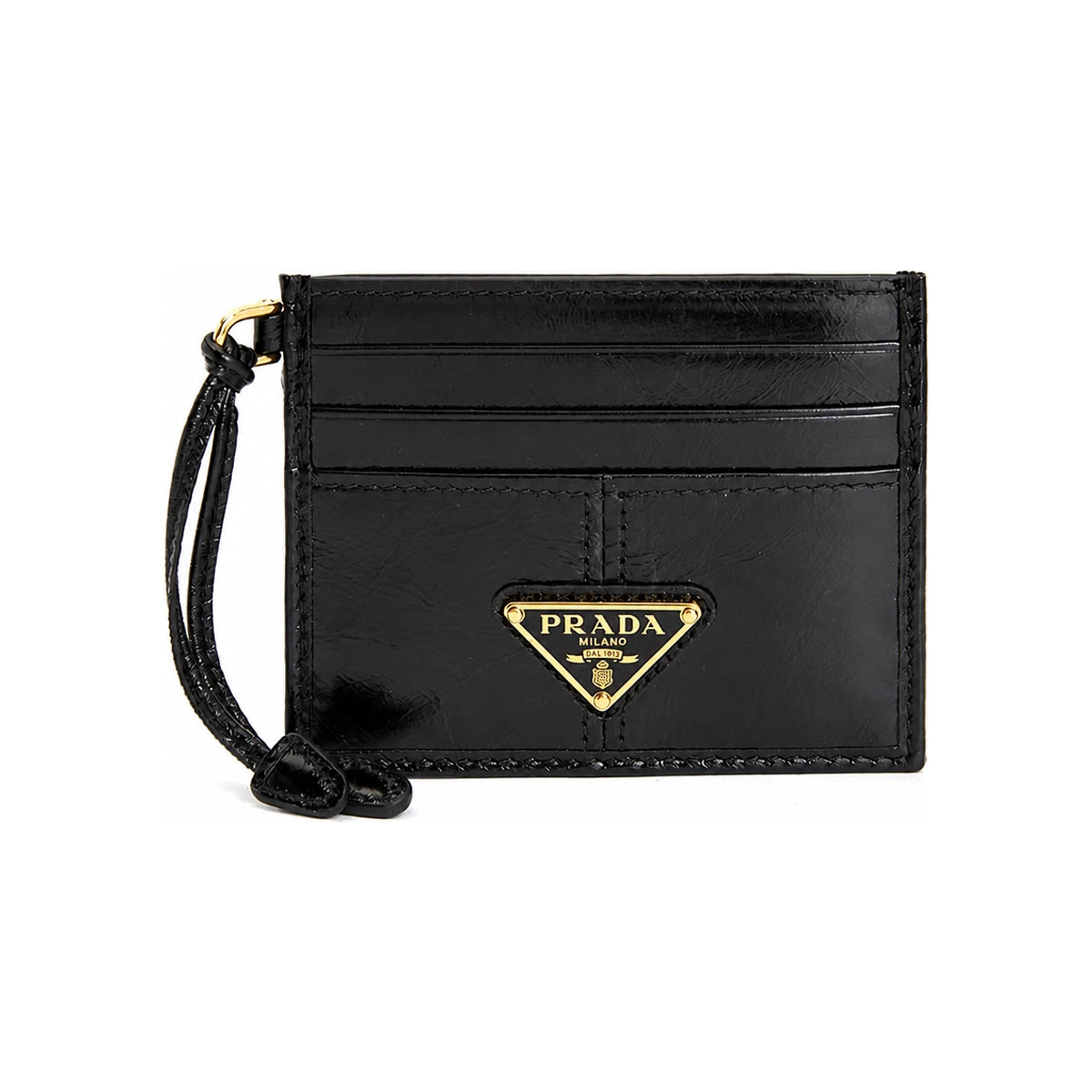 PRADA Black Saffiano Leather Card Holder with Gold-Tone Triangle Logo