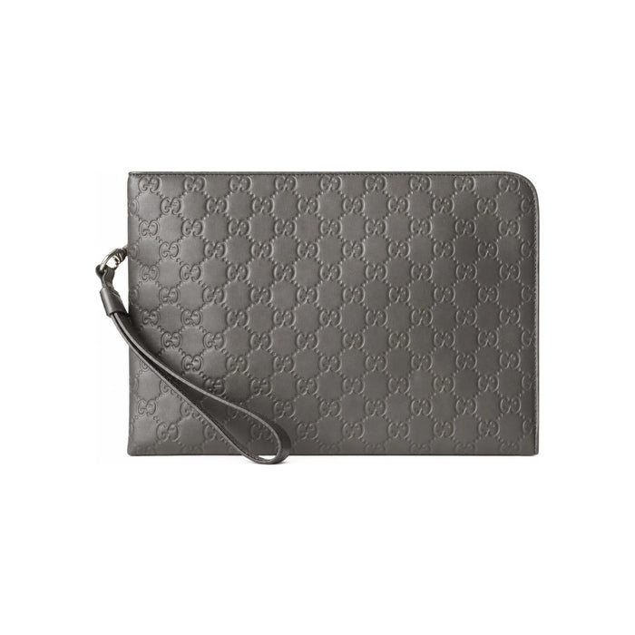 GUCCI GG Emblem Leather Clutch Bag Black