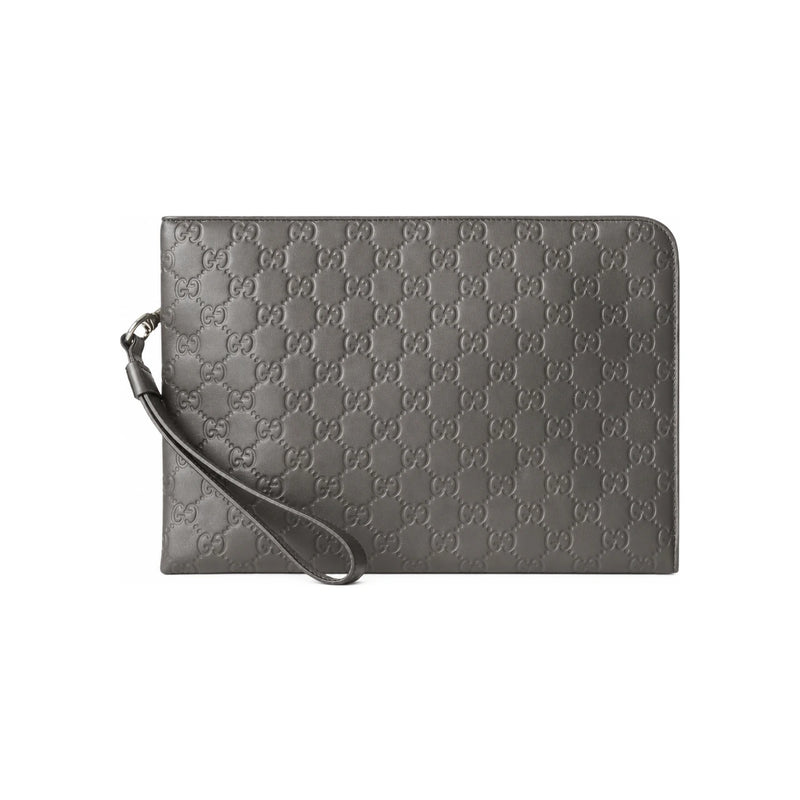GUCCI GG Emblem Leather Clutch Bag Black