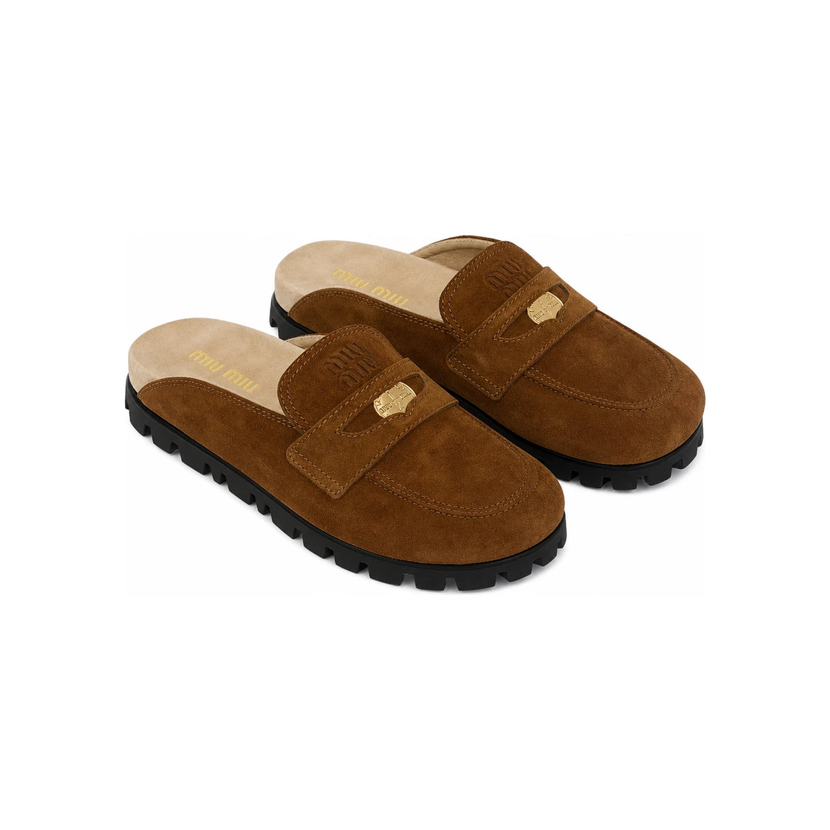 Miu Miu Brown Suede Embossed Logo Penny Mule Slippers 5D058E 054 F0316